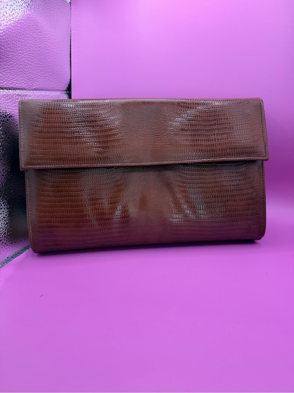 Vintage Brown Lizard-Embossed Fold-Over Clutch